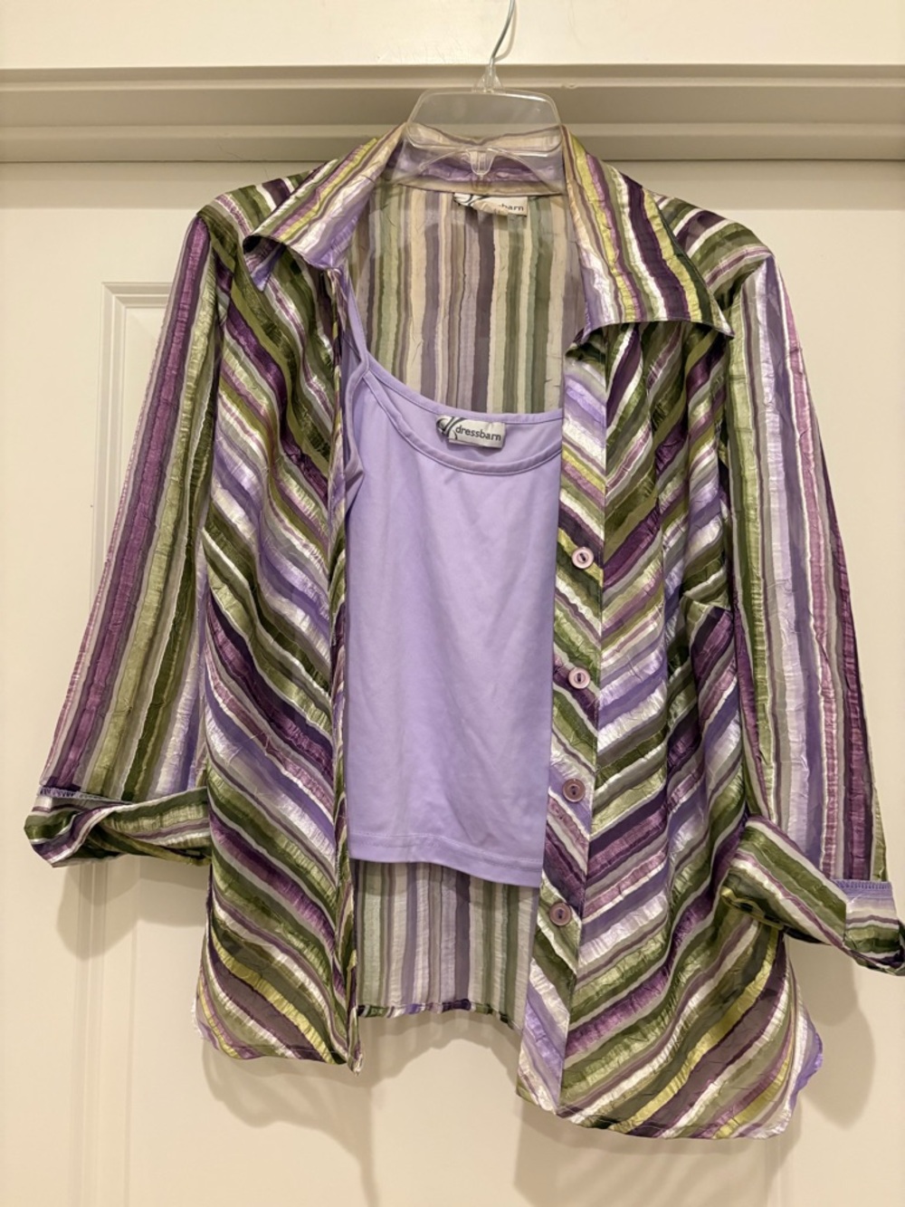 Lavender Tank with Striped Sheer Button-Up - Purple & Olive